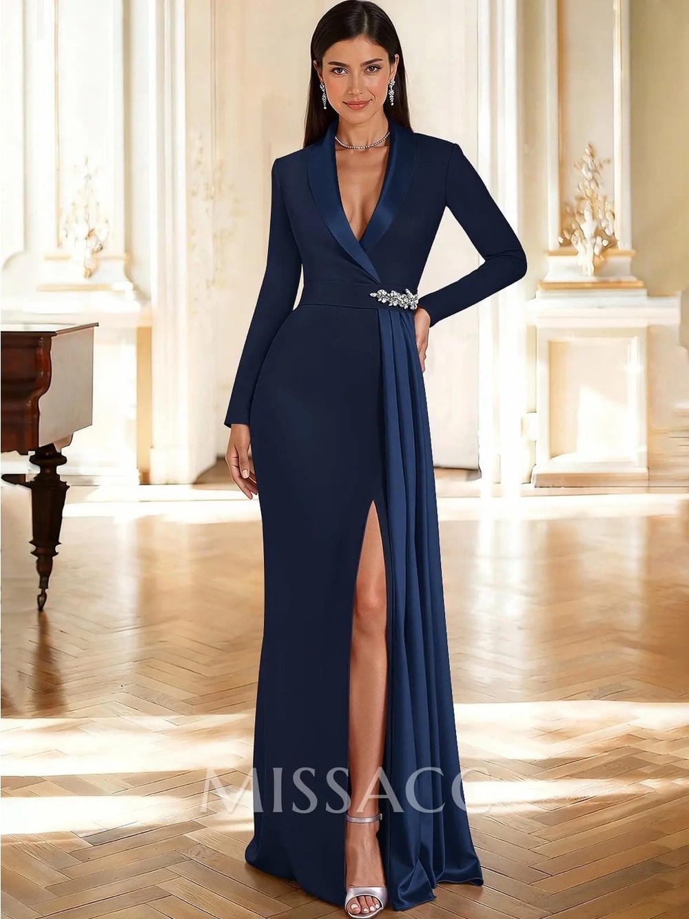 Navy Long Sleeve V-Neck Evening Gown with Side Drape